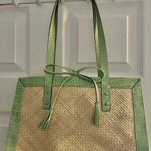 Liz Claiborne Straw Handbag with Green Faux Alligator Trim and Handles.